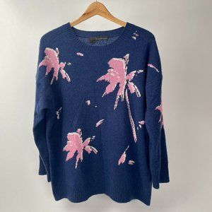 360 Cashmere Pullover Sweater, Blue With Pink/Cream Tree/Flower Motif, Size L